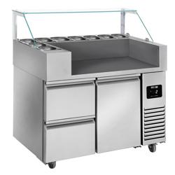 Commercial Refrigerated Prep Table PREMIUM – Glass Top – 1 Door – 2 Drawers – 1210 mm – for 9× GN 1/6 – No storage racks included