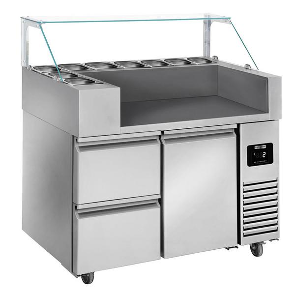 Commercial Refrigerated Prep Table PREMIUM – Glass Top – 1 Door – 2 Drawers – 1210 mm – for 9× GN 1/6 – No storage racks included