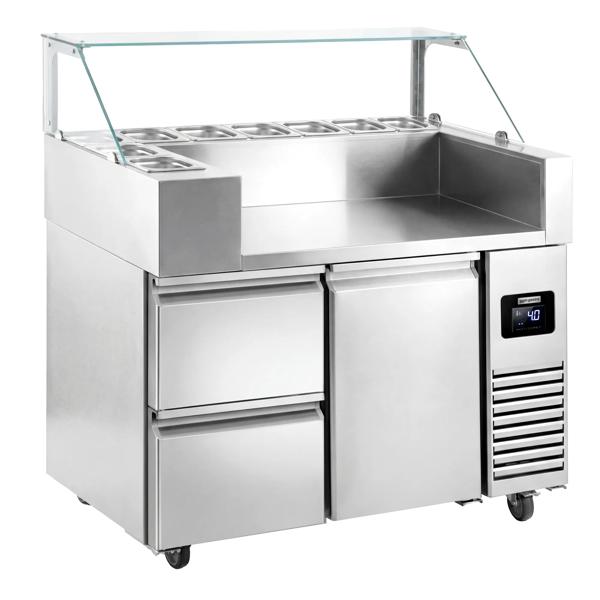 Commercial Refrigerated Prep Table PREMIUM – Glass Top – 1 Door – 2 Drawers – 1210 mm – for 9× GN 1/6 – No storage racks included