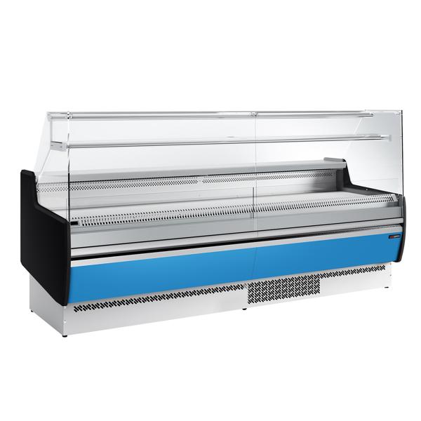 Comptoir vitrine réfrigérée - 2560x953mm - +0/+6°C - 4 portes - 1 étagère - Façade bleue RAL5015