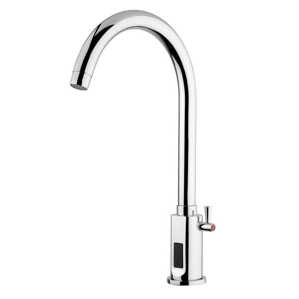 Rubinetto Miscelatore Monoforo Monocomando PREMIUM - per lavello - con infrarosso touchless, bocca alta girevole & regolazione temperatura integrata - 210mm