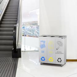 Afvalbak - afvalscheidingssysteem op wielen - 3 x 25L - 725x755x255mm - met inwerpopening - met 4 wielen (2 vastzetbaar), met 3 uitneembare binnenbakken, inclusief sticker-set voor Papier/Plastic/Rest/Bio - rvs