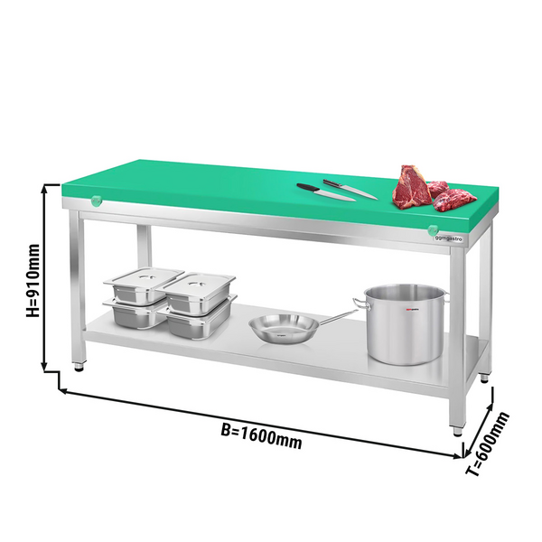 Stół roboczy ze stali nierdzewnej PREMIUM - 1600x600 mm - z półką dolną bez panelu tylnego włącznie z deską do krojenia	
