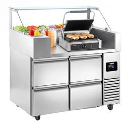 Commercial Refrigerated Prep Table - 4 Drawers - 1210 mm - for 9× GN 1/6 - Contact grill 2.8 kW included