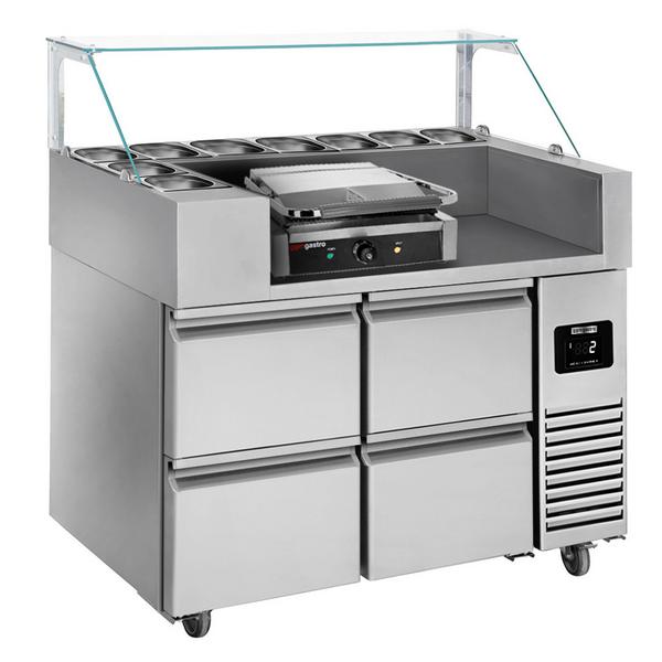 Commercial Refrigerated Prep Table - 4 Drawers - 1210 mm - for 9× GN 1/6 - Contact grill 2.8 kW included