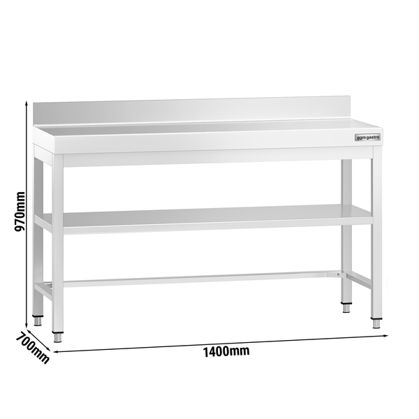 Edelstahl Arbeitstisch PREMIUM - 1400x700mm - mit Grundboden, Aufkantung & Verstrebung
