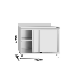 Tavolo armadiato in acciaio inox ECO - 1000x700 mm - con anta scorrevole e alzatina	