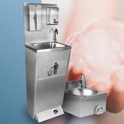 Lave-mains - Acier inoxydable - avec commande au pied, distributeur de savon & distributeur d’essuie-mains papier
