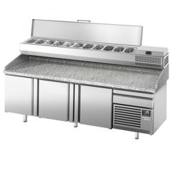 Pizzawerkbank PREMIUM PLUS - 2305x800mm - met granieten werkblad - met 3 deuren - incl. opzetkoelvitrine - 11x GN 1/4