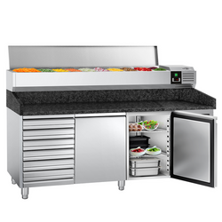 Rashladni pult za pripremu pizze PREMIUM - 2000x800 mm - sa 2 vrata & 7 ladica - uklj. Rashladna nadograđena vitrina - 9x GN 1/3