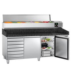 Banco pizza refrigerato PREMIUM - 2025x800mm - con 2 porte & 7 cassetti - piano in granito - con vetrina ingredienti refrigerata superiore - 9x GN 1/3