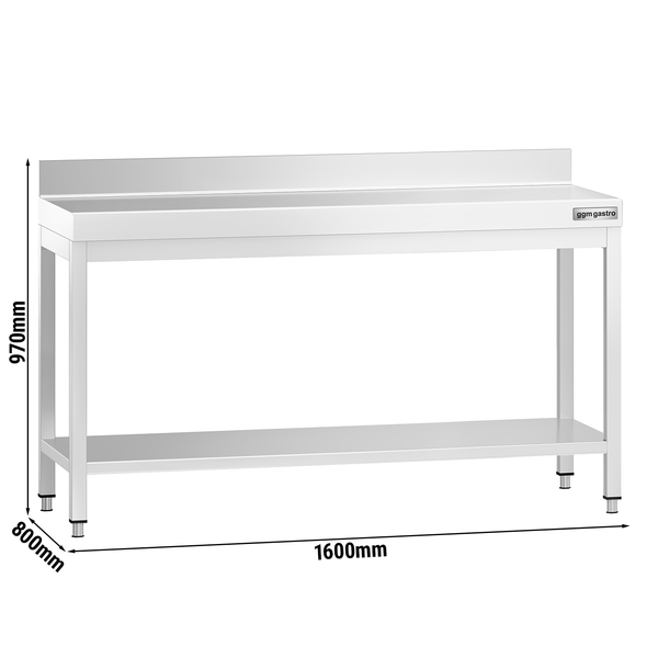 Stół roboczy ze stali nierdzewnej PREMIUM - 1600x800 mm - z półką dolną i panelem tylnym