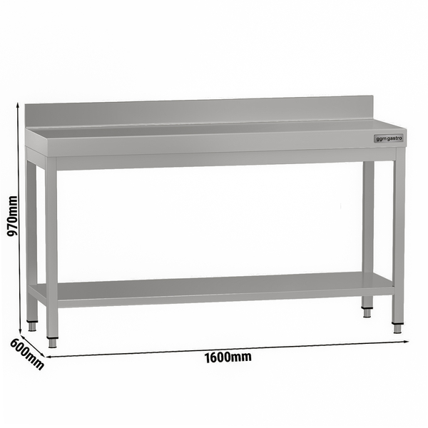 Mesa de trabajo de acero inox.  ECO 1,6 m - con zócalo y estante inferior