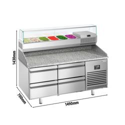 Pizzawerkbank PREMIUM PLUS - 1490x700mm - met granieten werkblad - met 4 laden - incl. glasvitrine - 6x GN 1/4