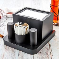 Ménagère de table professionnelle - 4 pièces - Support en acier inoxydable - Acier inoxydable - porte-serviettes, porte-cure-dents, sel et poivre - Hauteur:200mm - Noir