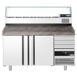 Commercial Pizza Prep Counter - Granite Top PREMIUM - 1600x800mm - with 2 doors & 3 drawers - incl. refrigerated topping unit with glass sneeze guard - 6x GN 1/3