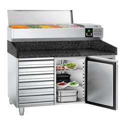 Pizzawerkbank PREMIUM - 1500x800mm - met granieten werkblad - met 1 deur & 7 laden - incl. opzetkoelvitrine - 7x GN 1/4