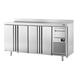 Mesa frigorífica para bar e bebidas PREMIUM PLUS - 2452x600mm - 690 L - com 4 portas de batente em inox, batente para borras e alçado traseiro