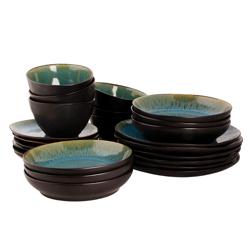 (24 buc) LOTUS - Set veselă - gresie - turcoaz/negru