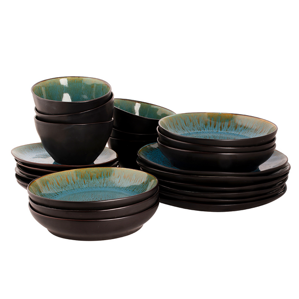 (24 Peças) Serviço de Louça Palmer, Lotus - Azul-Turquesa / Preto