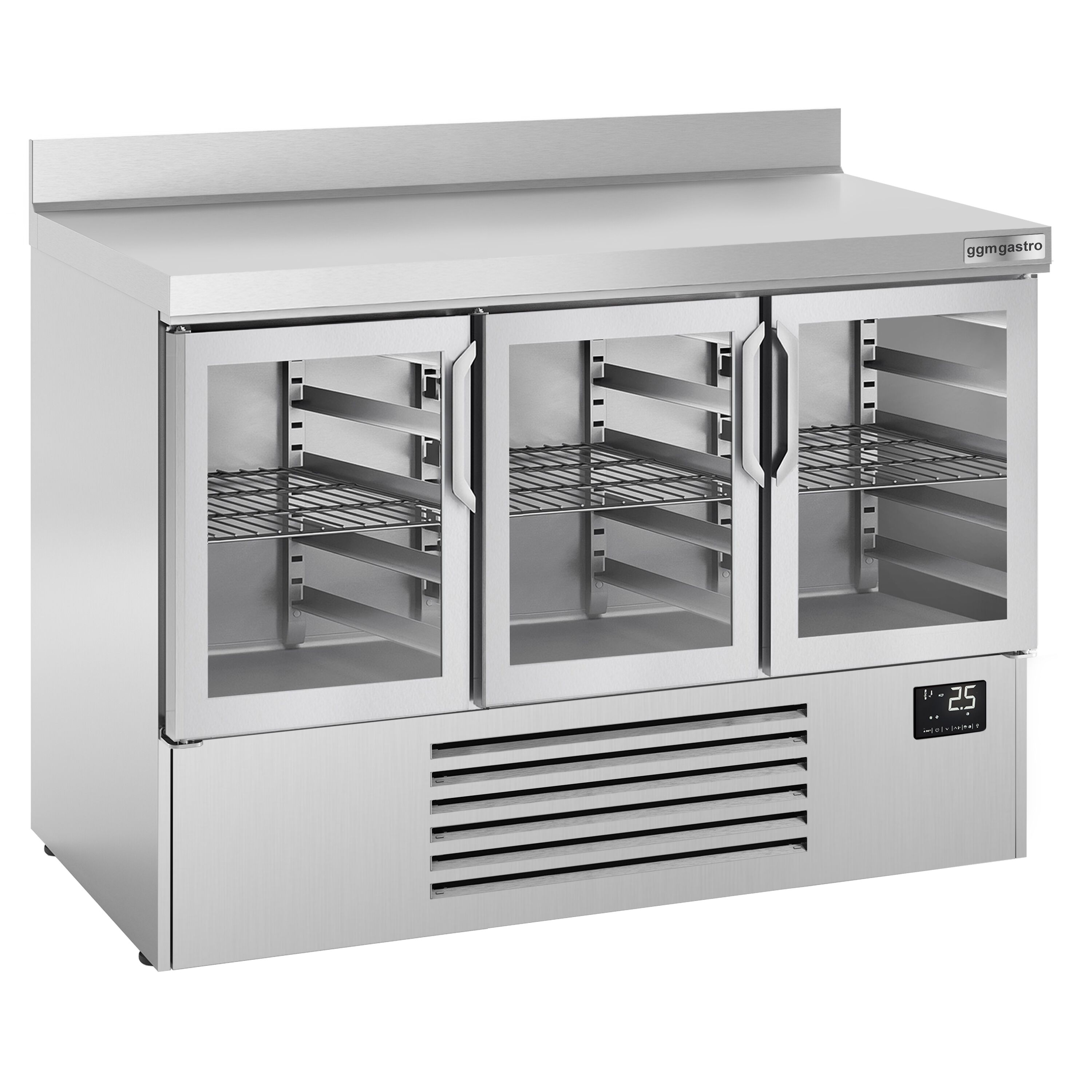 Table réfrigérée PREMIUM PLUS - 1460 x 700 mm - avec 3 portes vitrées - avec dosseret