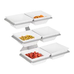 Büfé állvány - rozsdamentes acél - szögletes - 280x500 mm - 3 szintes - Magasság: 415 mm - tartozék: 6 melamin tál, 240x240 mm