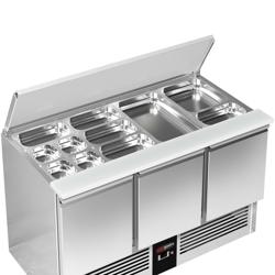 Commercial Saladette Counter PREMIUM - 1368mm - 368L - 3 doors - open top for 4 x GN 1/1 & stainless steel hinged lid - UK