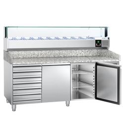 Commercial Refrigerated Pizza Prep Counter PREMIUM - 2000x800 - 2 Doors - 7 Drawers - Top Display Rail LED - 10x GN 1/4