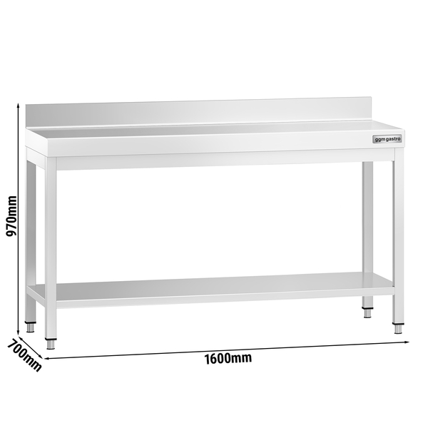 Mesa de trabalho PREMIUM - em Aço Inoxidável  - 1,6 m - com estrutura e prateleira de base e com rebordo posterior