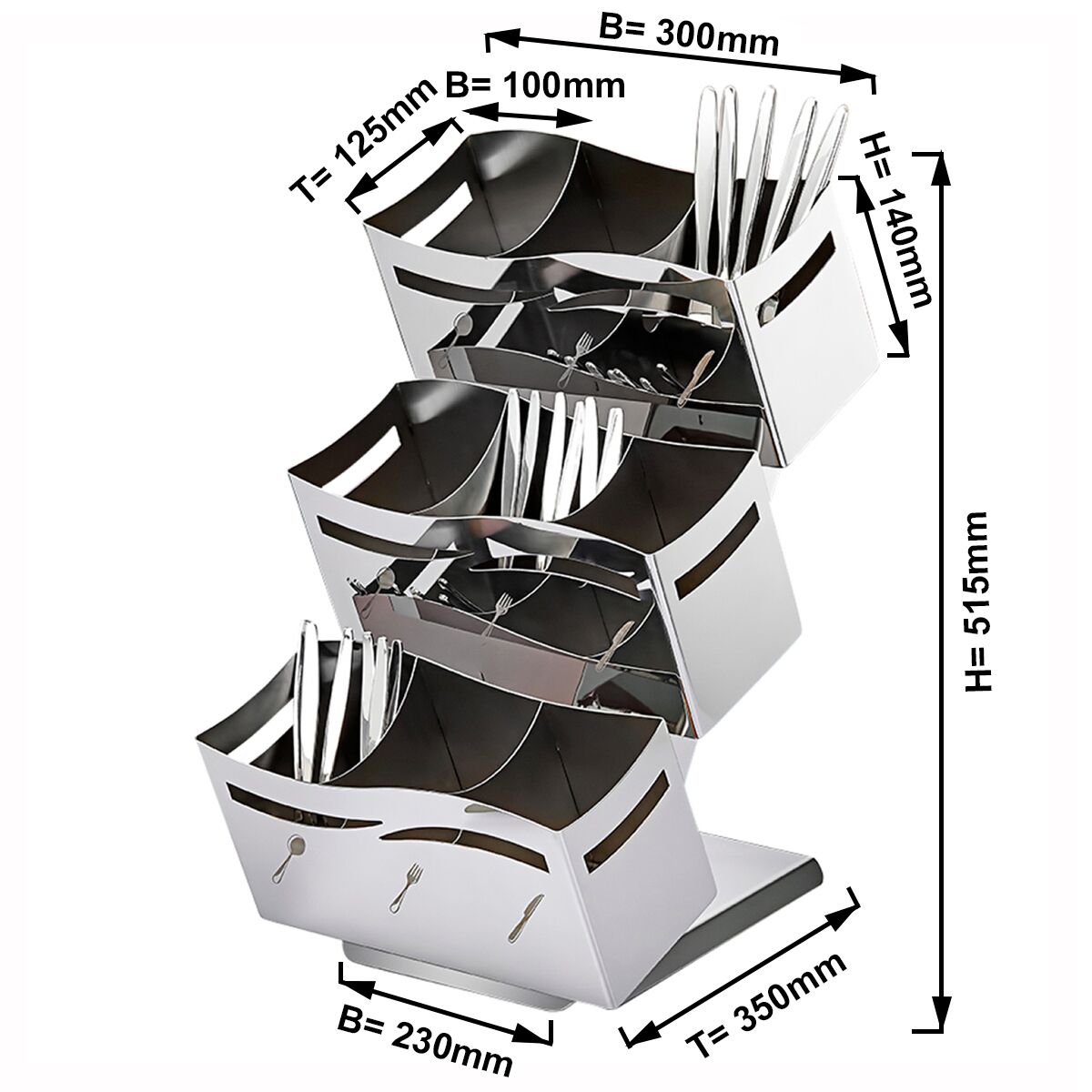 Range-couverts - 230x350mm - Hauteur: 515mm - acier inoxydable - avec 3x 3 étagères - avec 9 compartiments