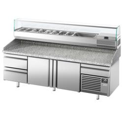 Pizzawerkbank PREMIUM PLUS - 2305x800mm - met granieten werkblad - met 2 deuren & 2 laden - incl. glasvitrine - 10x GN 1/3