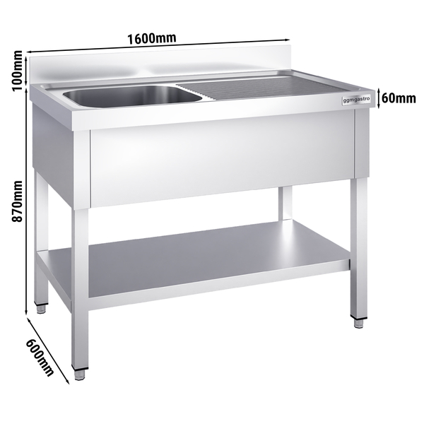 Yıkama Tezgahı PREMIUM - 1600x600mm - Alt Raflı & 1 Sol Evyeli