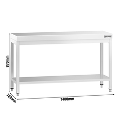 Mesa de trabalho PREMIUM - em Aço Inoxidável  - 1,4 m - com estrutura e prateleira de base