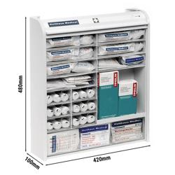 Rollmed® | verbandtrommel - gevuld volgens DIN 13157 uitgebreid - Wit - met kinderslot & wandmontage - incl. montagemateriaal & reddingspictogram