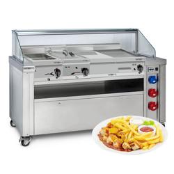 Station de cuisson mobile – 1600 × 850 mm – hauteur : 1170 mm – incl. friteuse, plaque à snacker, bain-marie & élément neutre