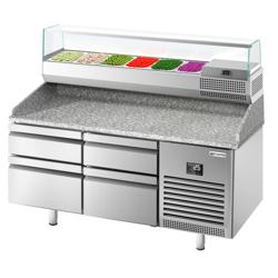 Pizzawerkbank PREMIUM PLUS - 1490x700mm - met granieten werkblad - met 4 laden - incl. glasvitrine - 6x GN 1/4