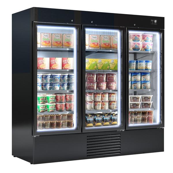 Supermercato-Espositore murale congelatore - 2081mm - 2030l - -18°/-18°C - con 3 porte a battente in vetrocamera & 8 ripiani - Nero