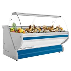 Vitrine refrigerada para bolos/pastelaria - 2515x1150x1310mm - vidro frontal curvo - iluminação LED - tampo em granito - frontal azul