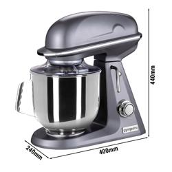Impastatrice planetaria - da banco - 7L - 350W - 3 utensili in dotazione (gancio, spatola, frusta) - testa sollevabile - vasca estraibile - monofase - Grigio
