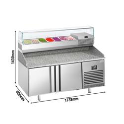 Chladicí stůl na pizzu PREMIUM PLUS - 1738x800 mm - se 2 dveřmi - se žulovou pracovní deskou - vč. chladicí nástavbové vitríny - 7x GN 1/4 - se skleněným krytem