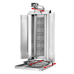 Griglia a gas per Kebab / Gyros - mobile - 5 bruciatori - max. 80 kg - incl. 2 piastre di protezione e 2 porte a battente