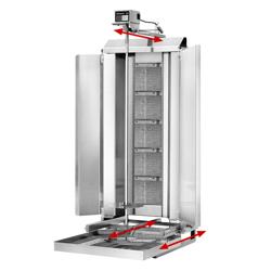 Gáz Gyros sütő - 5 égő - 16,25 kW - max. 80 kg - Asztali kivitel - tartozékokkal: 2 védőlemez, 2 összecsukható ajtó, nyárs, zsírfogó tálca