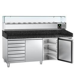 Pizzawerkbank PREMIUM - 2025x800mm - met granieten werkblad - met 2 deuren & 7 laden - incl. glasvitrine - 10x GN 1/4