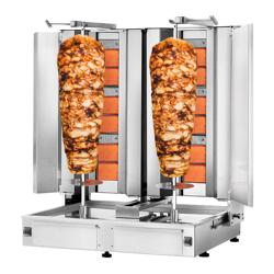 Macchina per Kebab Professionale a Gas  - a doppia colonna - 3+3 bruciatori - max 80kg - Da pavimento - incl. 2 protezioni laterali; 2 sportelli; vaschetta raccogli grassi; ugelli metano e GPL