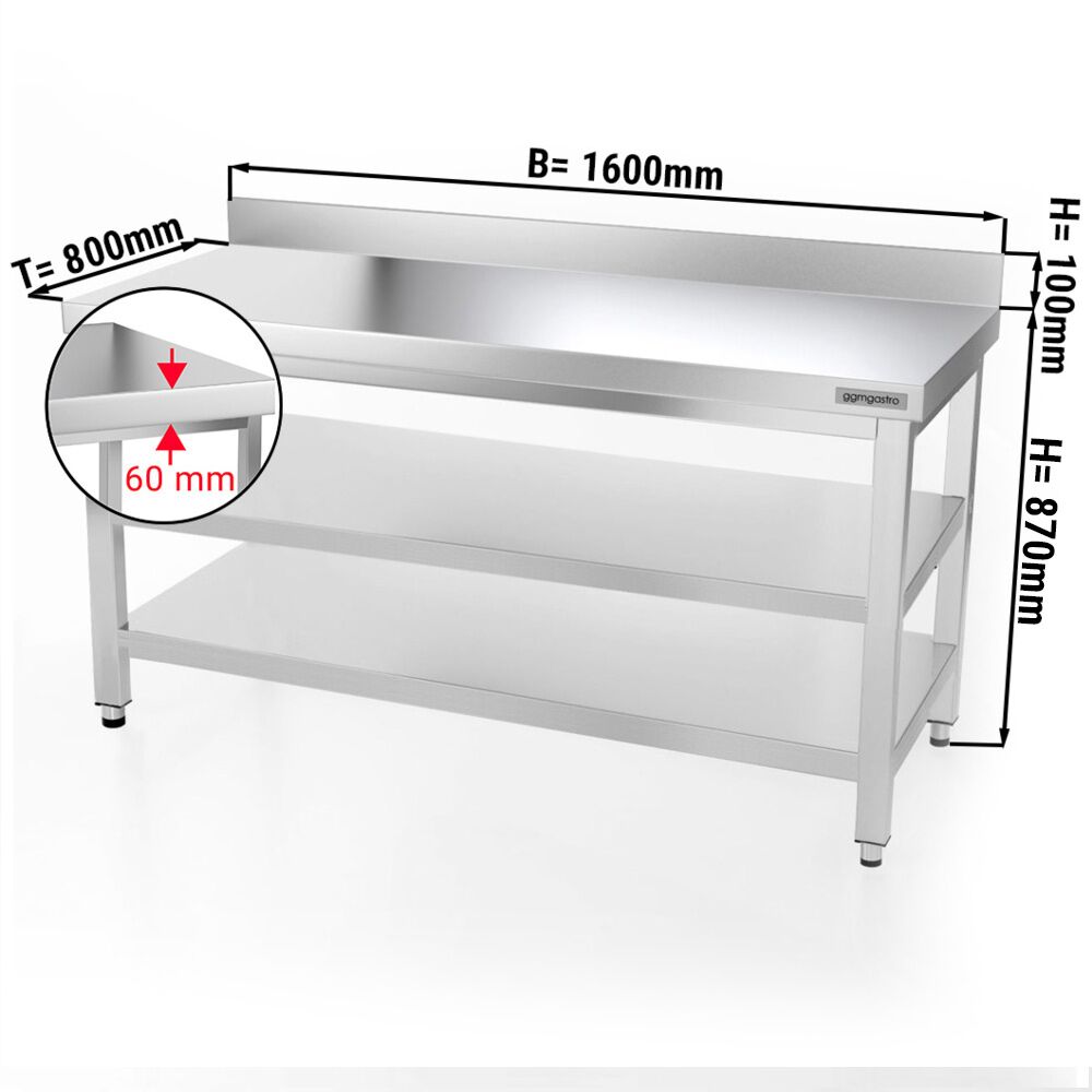 Radni stol od nehrđajućeg čelika PREMIUM - 1600x800 mm - Sa podnom pločom, poleđinom & međupločom