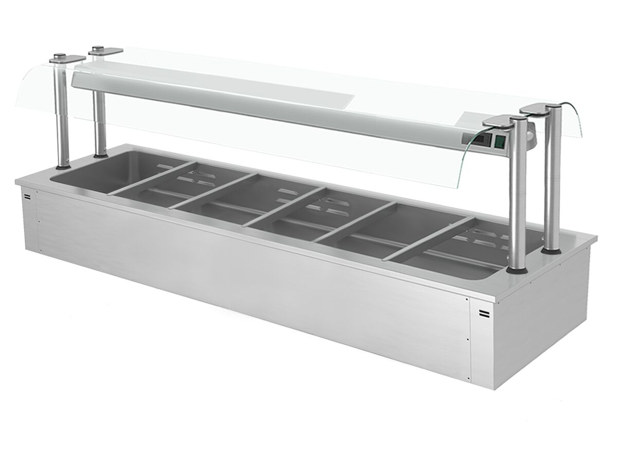 Встраиваемая Водяная  Баня  (Bain-marie)  2,1 м - 6x GN 1/1-  со Стеклянной Панелью для защиты от брызг