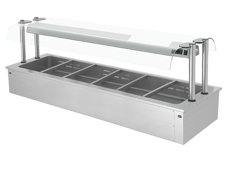 Встраиваемая Водяная  Баня  (Bain-marie)  2,1 м - 6x GN 1/1-  со Стеклянной Панелью для защиты от брызг