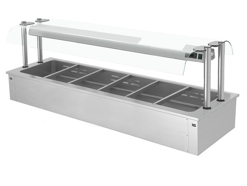 Drop-in Bain Marie - 2100mm - 6x GN 1/1 - 200mm deep - Wet Heat - 4,83 kW - with Glass Sneeze Guard