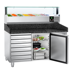 Rashladni pult za pripremu pizze PREMIUM - 1500x800 mm - sa 1 vratima & 7 ladica - uklj. Rashladna nadograđena vitrina LED - 7x GN 1/4