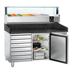 طاولة تحضير بيتزا مبردة PREMIUM - 1500x800 mm - مع باب واحد - سطح عمل جرانيت - شامل وحدة تبريد علوية مع إضاءة LED - 7x GN 1/4 - مع 7 أدراج